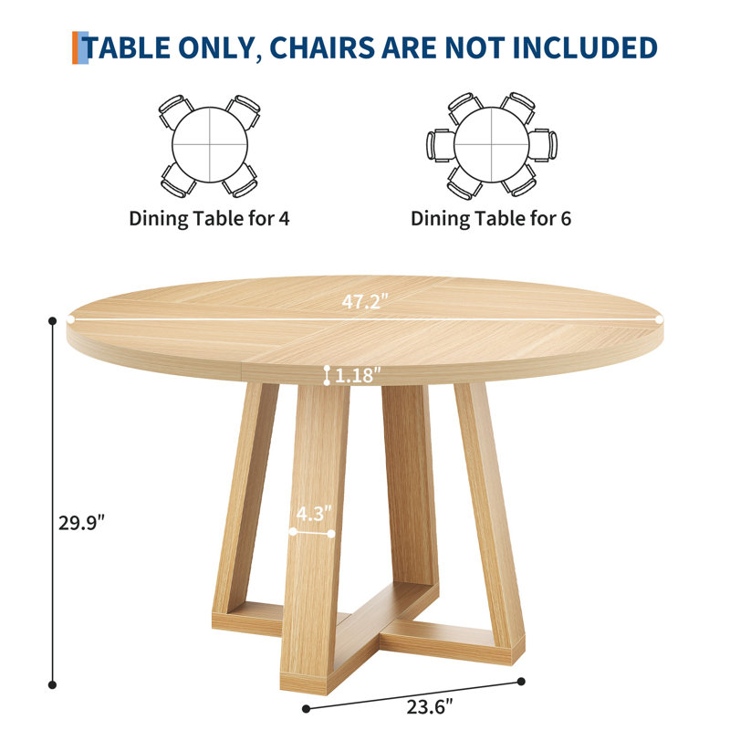47 Inch Round Dining Table for 4-6 People, Round Kitchen Table with Sturdy Cross-Shaped Base & Adjustable Foot Pads, Circle Dining Table for Kitchen, Dining Room(Table Only), Natural