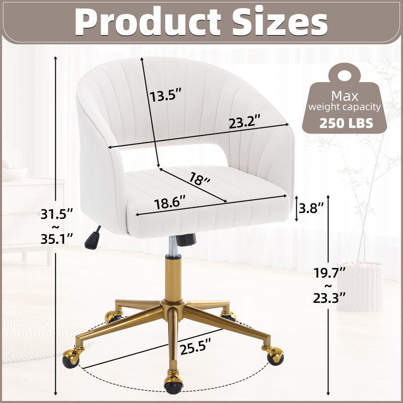Velvet Desk Chair with Wheels, Home Office Swivel Armchair with Gold Base, Back Incline Adjustable for Vanity Make-up