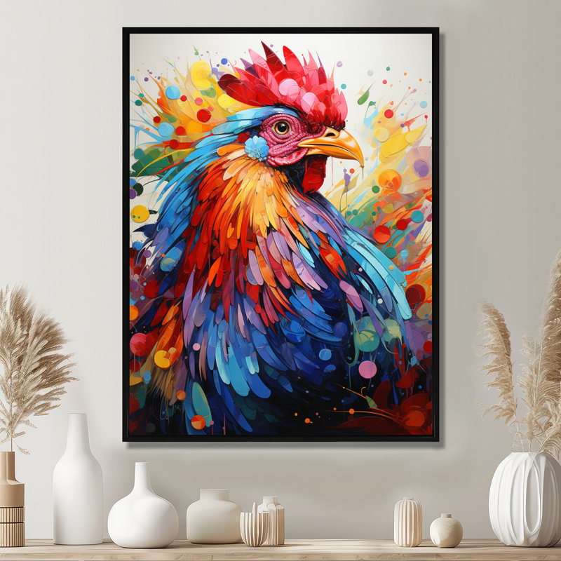 Coq coloré - décoration murale coq, H 20 po x l 12 po x P 1 po, Cadre flottant noir