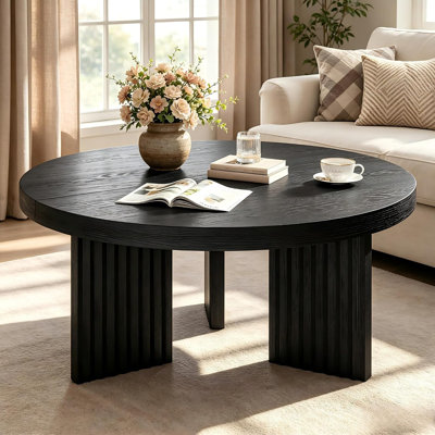Table basse ronde de 33,5 po, table centrale circulaire avec pieds cannelés et plateau épais de 1,3 po, tables d'appoint décoratives pour salon, chambre à coucher, assemblage facile, noir