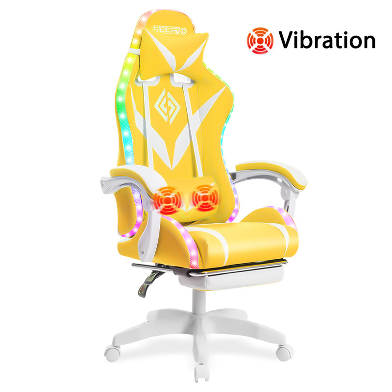 Ergonomic  LED Gaming Chair with Massage Lumbar Pillow, Yellow/White
