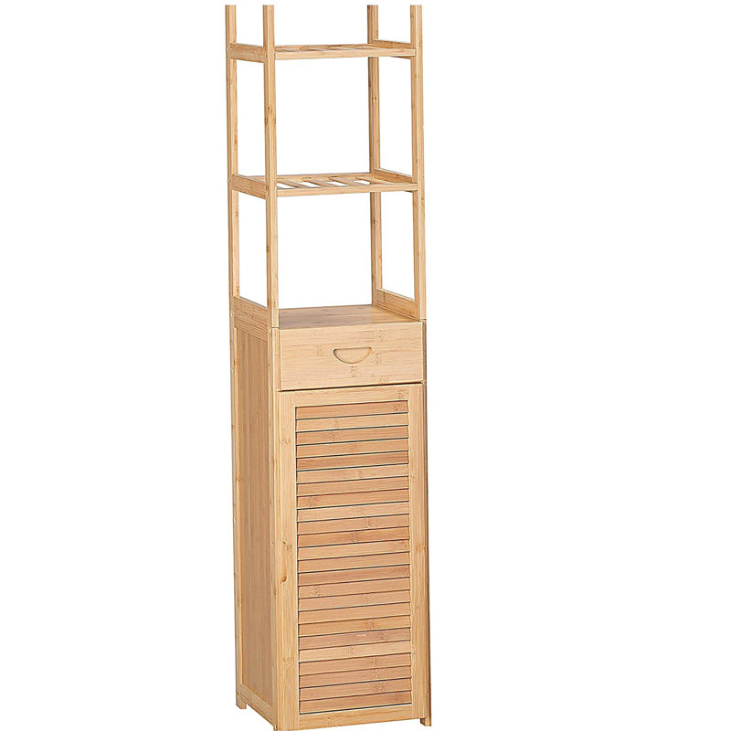 Armoire de salle de bain haute avec tiroir et tablettes à lattes, tour en lin de bambou mince avec porte à persiennes