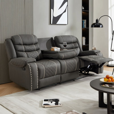 Reclining Motion Sofa with Center Console, Gray Faux Leather loveseat, Quilted Design, Cup Holders, Manual Recliner 3-seater Couch  