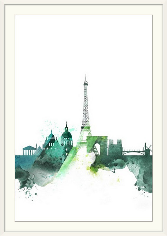 « paris aquarelle cityscape », impression, H 44 po x l 32 po x P 1 po, Cadre blanc