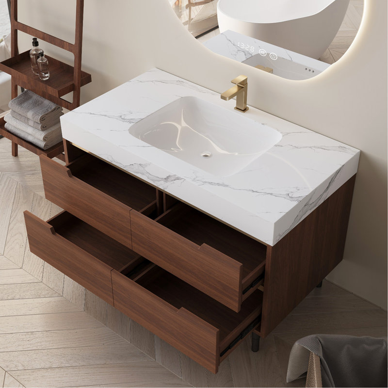 Meuble-lavabo autoportant en pierre frittée de 35,4 po avec lavabo encastré, bois massif multi-couches imperméable, rangement à 4 tiroirs, fixation murale