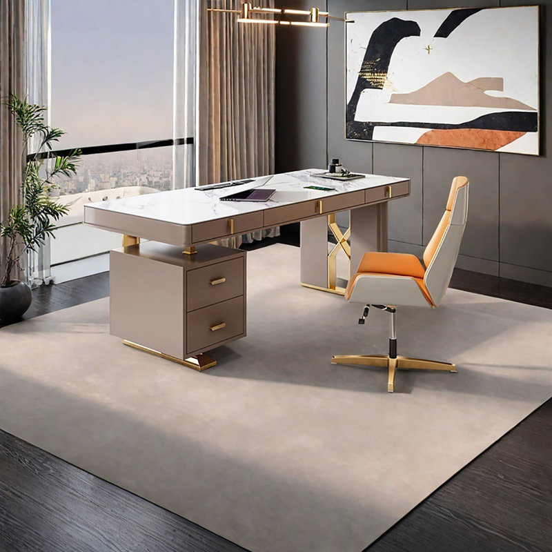 Beige Rectangular Sintered Stone Desk,5-Solid Wood drawer