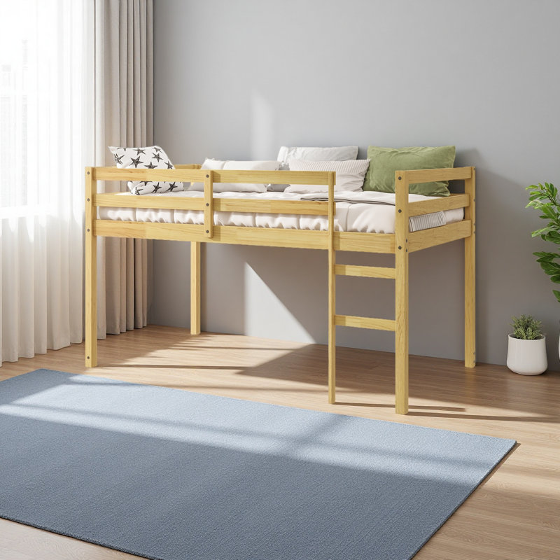 Solid Wooden, Rubber Wooden Twin Loft Bed With Ladder, Bed Platform Of Strengthened Slats, Natural