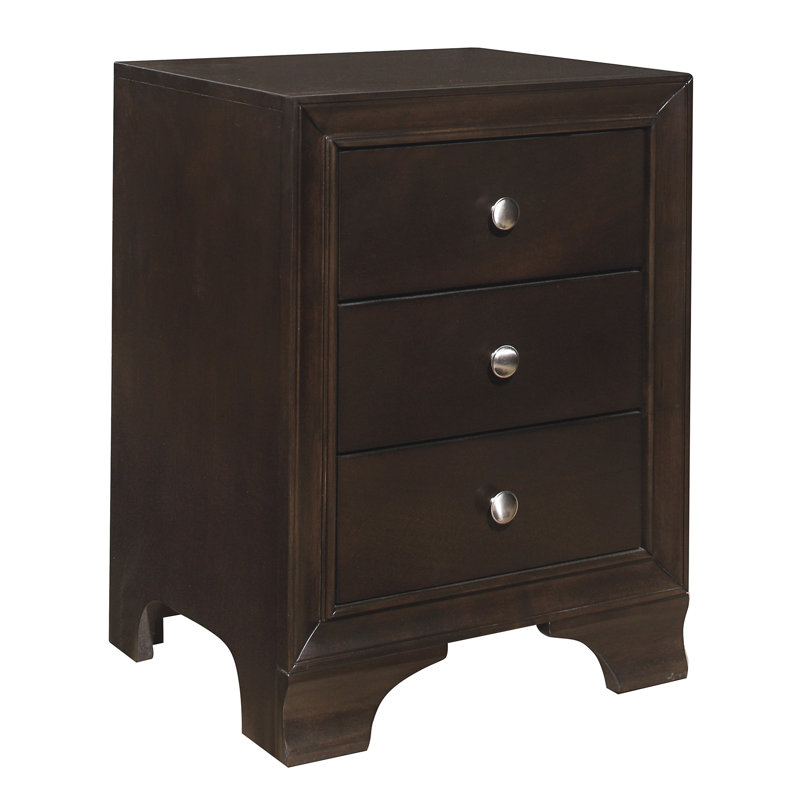Brown Solid Wood 3-Drawer Nightstand with USB Ports