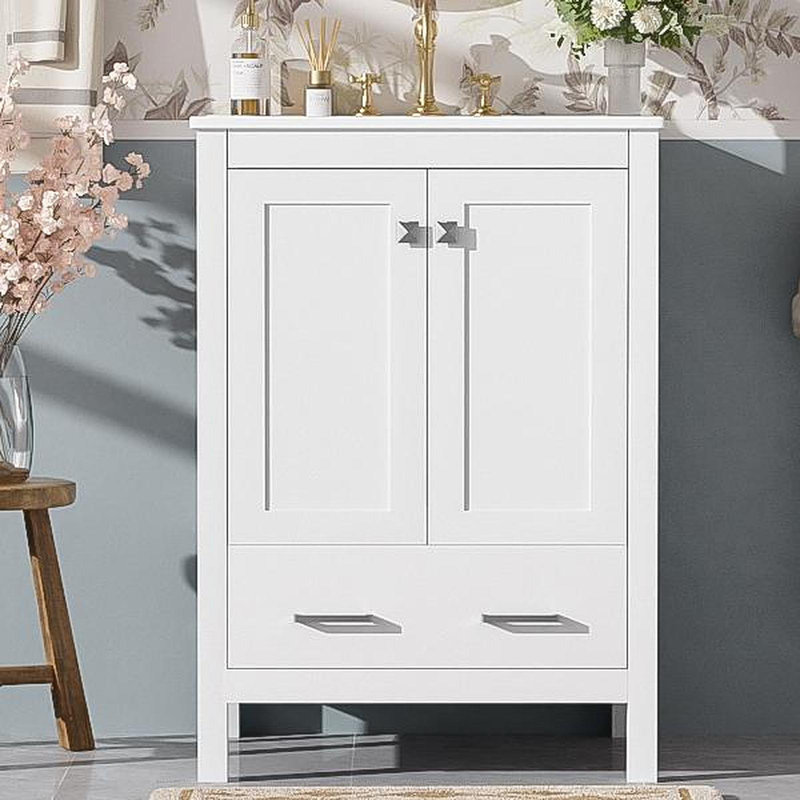 Meuble-lavabo de 24 pouces avec lavabo encastré intégré et armoire de rangement avec 2 portes et 1 tiroir. Comprend une tablette de porte à double couche, une conception à fermeture douce et des solutions de rangement polyvalentes