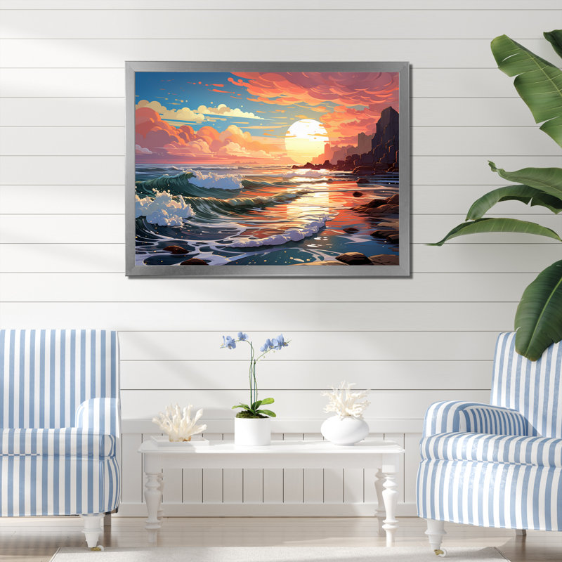 «Glorious Pink Blossoming Sunrise Over Ocean I», reproduction sur toile, H 16 po x l 32 po, Cadre photo argenté