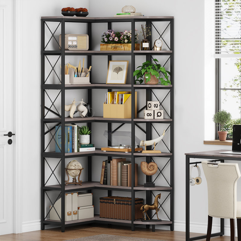 Kelsch Reversible Corner Bookcase, L-Shaped Bookshelf, Grey