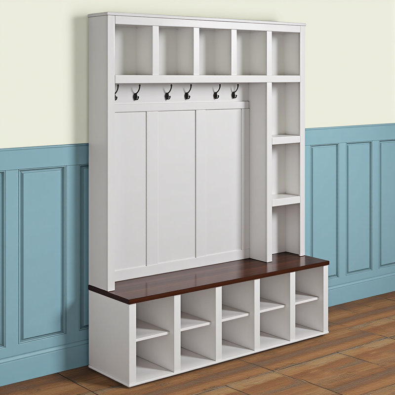 Farmhouse Wooden Hall Tree With 6 Hooks, Walnut Storage Bench With Adjustable Shelves, 4-in-1 Entryway Shoe Cabinet With Cubbies For Mudroom, Living Room, White, 76.7"h