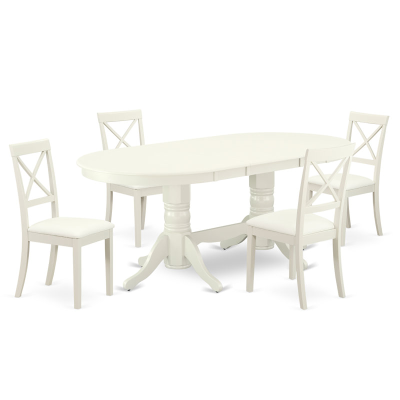 L'ensemble 5 pièces de table et chaises de cuisine comprend une table de salle à manger ovale avec rallonge papillon et 4 chaises en similicuir, blanc lin