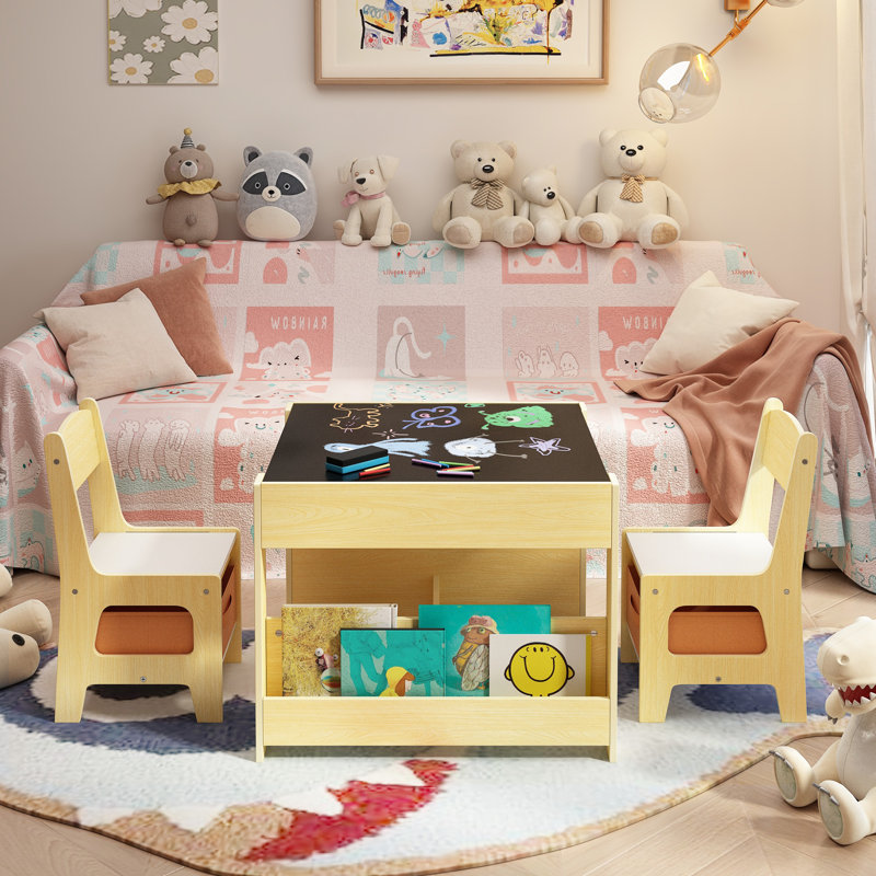 2-In-1 Reversible Top Kids Activity Table & Chair Set ，With Chair Storage Drawers & Under-Table Shelf–Durable, Toddler Activity Table