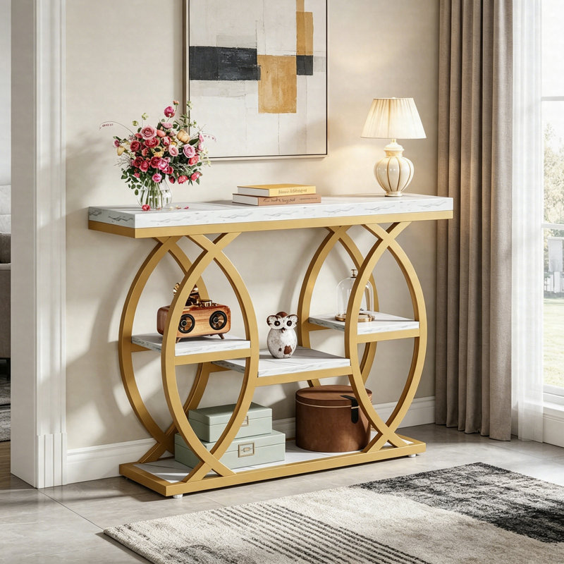 Console 39 po à 4 niveaux, canapé d'entrée avec tablettes de rangement, table d'appoint industrielle étroite, Blanc, Doré