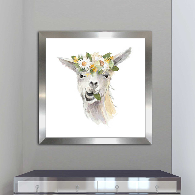 «Floral Llama III», reproduction de peinture à l'aquarelle, H 25,5 po x l 25,5 po x P 1 po, Encadrement argenté