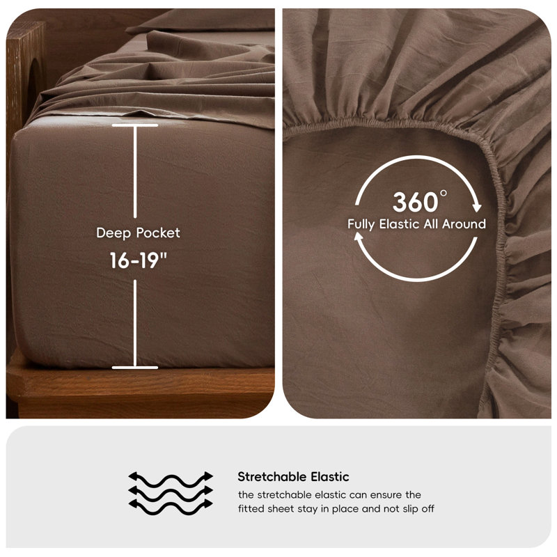Drap-housse MooMee 100% coton lavé extra profond, Très grand lit, Brun