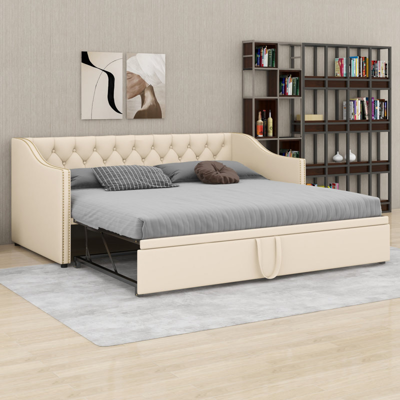 Lit de jour rembourré avec lit gigogne, Beige