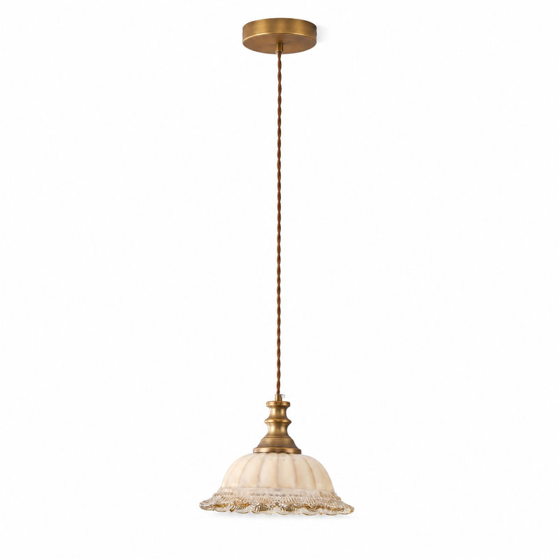9.45"W Brushed Copper-finish Vintage Glass Pendant Light, 6.69" H x 9.45" W x 9.45" D, Beige, Brushed Copper