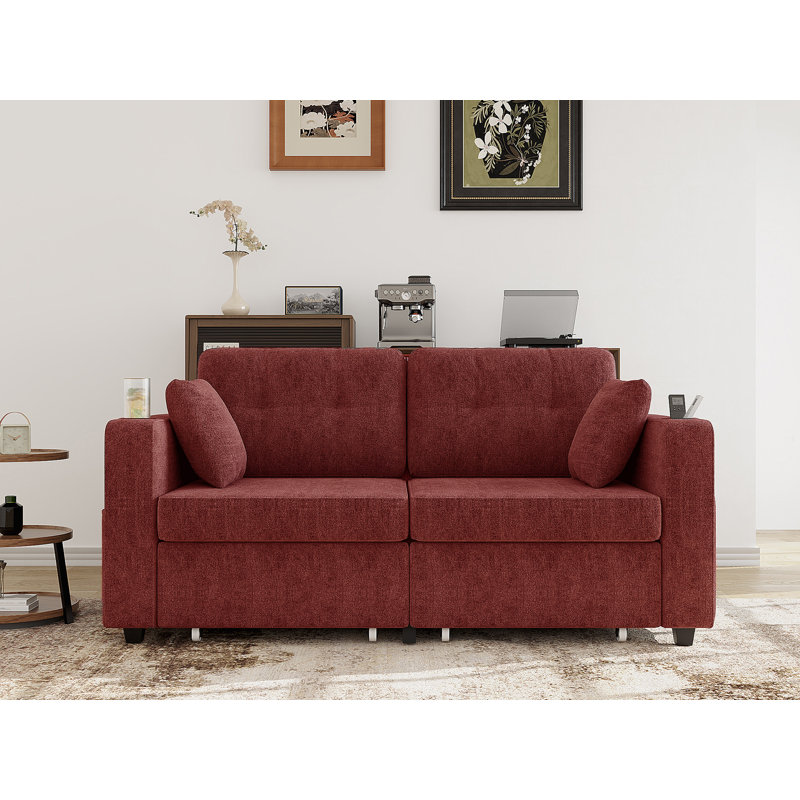 68'' Chenille Sofa With Multi-Functional Armrests, Beige