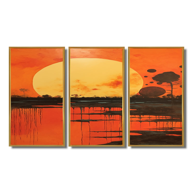 Pleine lune, gloire au-dessus du lac, couleurs rétro - ensemble de décoration murale paysage abstrait, Cadre flottant doré
