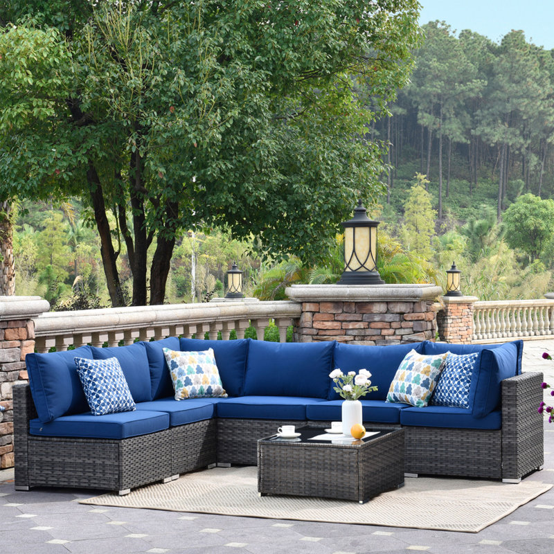 Aliva 6 - Person Modular Patio Conversation Sets with Cushions, Navy Blue