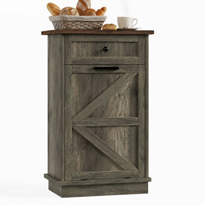 Tilt Out Trash Can Cabinet, 10 Gallon Garbage Can Cabinet for Kitchen with Storage Drawer, Free Standing Recycling Cabinet, Odor Proof Dog Proof Trash Bin Cabinet for Laundry, Balcony, Living Room