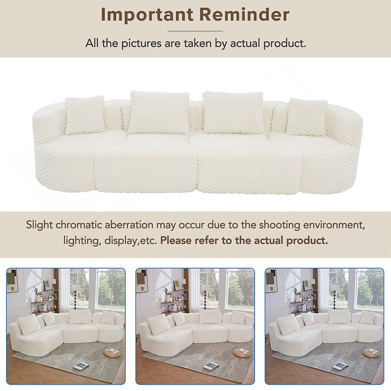 Modular Sectional Sofa with Deep Seating, White Polyester