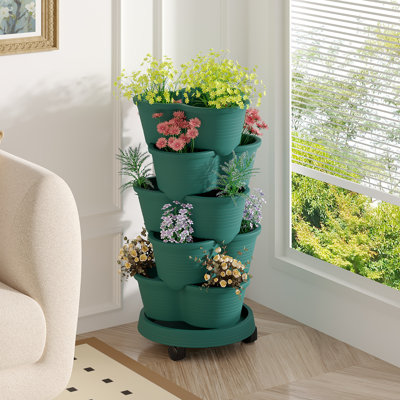 Jardinière verticale 2 pièces Soban Strawberry, tour de jardin empilable à 5 niveaux, pot à fleurs empilable avec poteau de soutien intérieur et extérieur