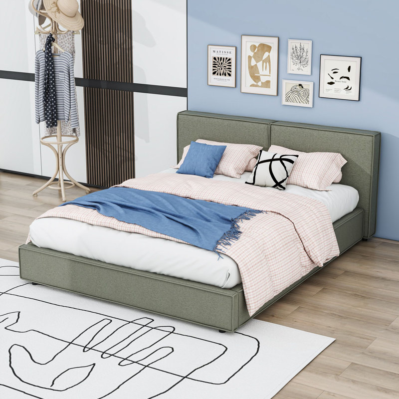 Grand lit plateforme tapissier en lin avec tête de lit, Vert