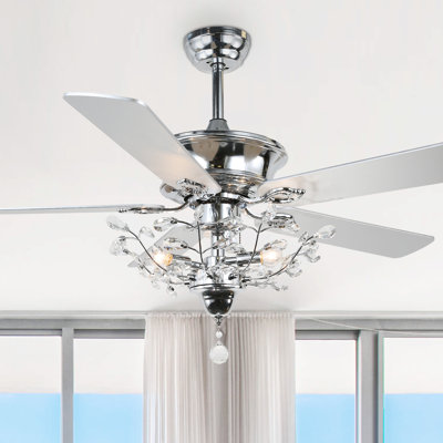 52“ Silver Crystal Ceiling Fan with Light and Remote 6-speed Reversible DC Motor Fan for Bedroom Living Room