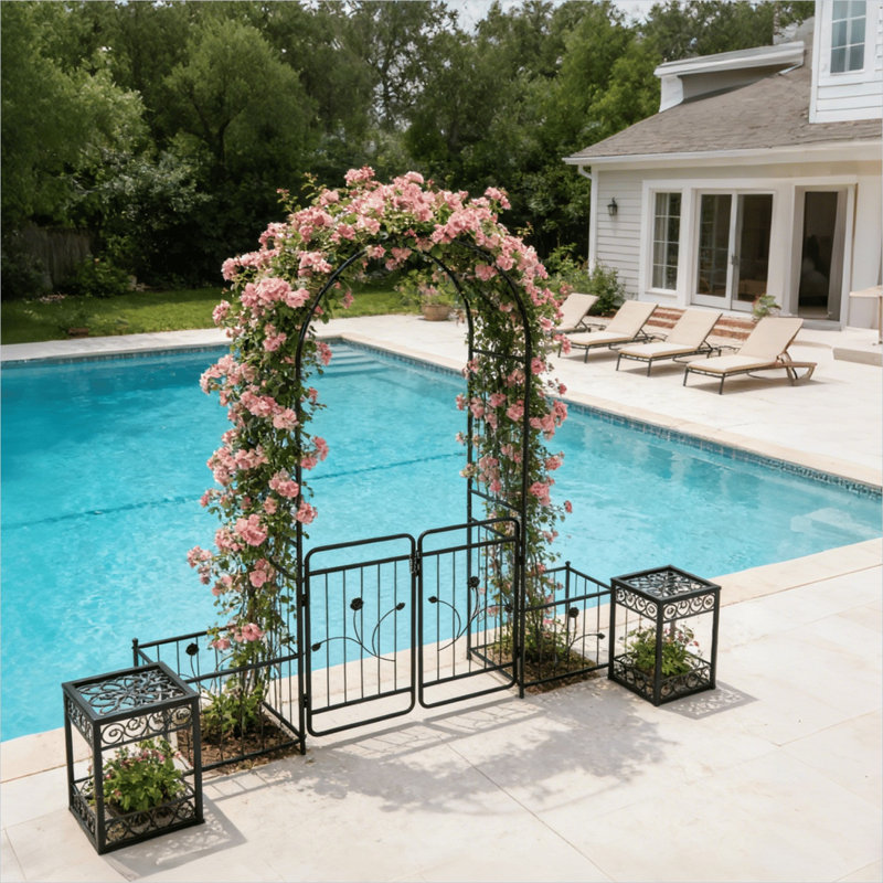 Barrière de jardin en acier galvanisé avec deux supports à fleurs et finition thermolaquée pour vignes grimpantes