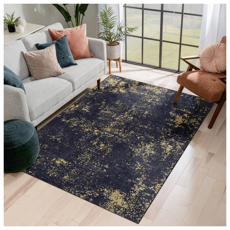 MAVAL 9x12 Washable Area Rug, Black & Gold Distressed Abstract Design, Non-Slip Low Pile Machine Washable Living Room Carpet