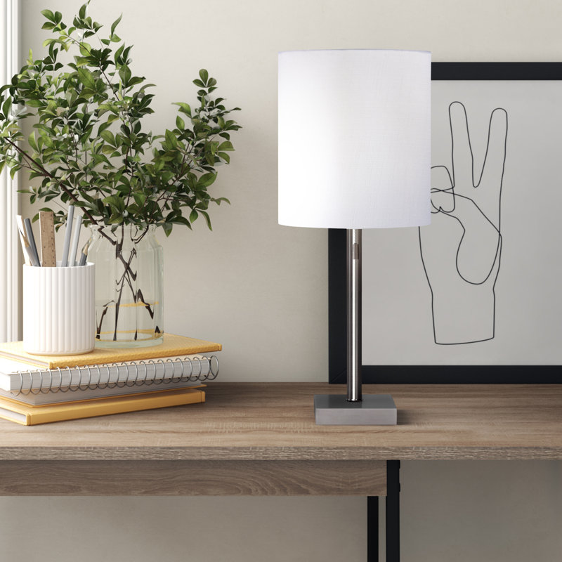 Aghvan 22"  Metal Cylinder Table Lamp With  Drum Shade, Brushed Steel, White