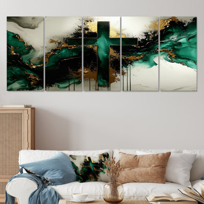 «Green Marled Christianity Cross I», ensemble d'art sur toile