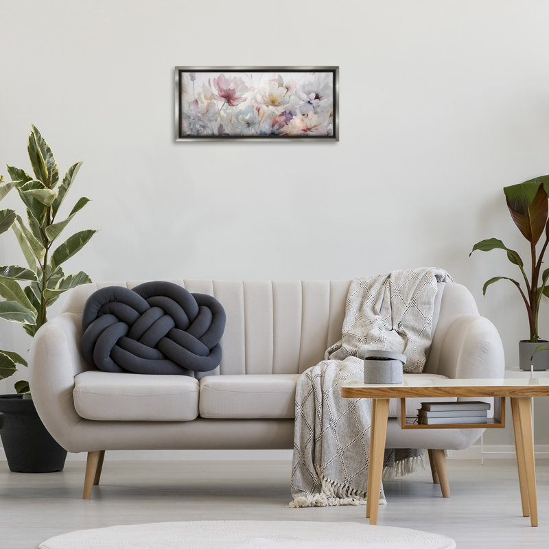 Art mural sur toile à fleurs discrètes, design par Irene Weisz, H 11 po x l 25 po, Cadre flottant gris lustré