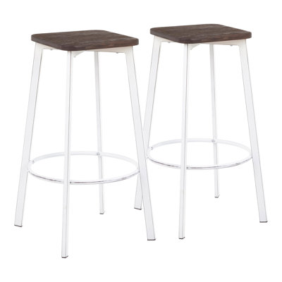 Tabouret de bar carré en métal blanc rétro et bambou grain de bois pressé espresso - ensemble de 2