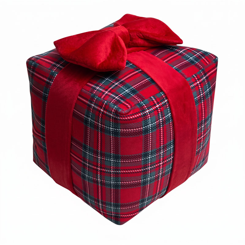 Christmas Throw Pillow Shaped Like a Gift Box, Red Plaid Tartan Knit 3D Decorative Accent Pillow with Bow, 10 x 10 Inch