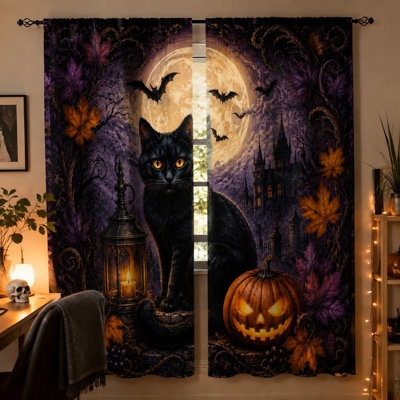 2Pcs Halloween, chat noir, rideaux de citrouille, chauves-souris effrayantes de pleine lune, feuilles d'automne gothiques, rideau filtrant la lumière pour le salon