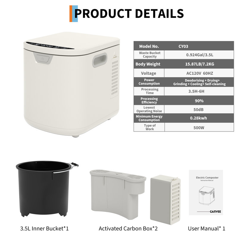 Electric Kitchen Composter 3.5L – Countertop Food Waste Bin – Smart 3-Mode Composting, LED Display, Auto Cleaning, Dual Deodorization, Low Noise – White, US Standard