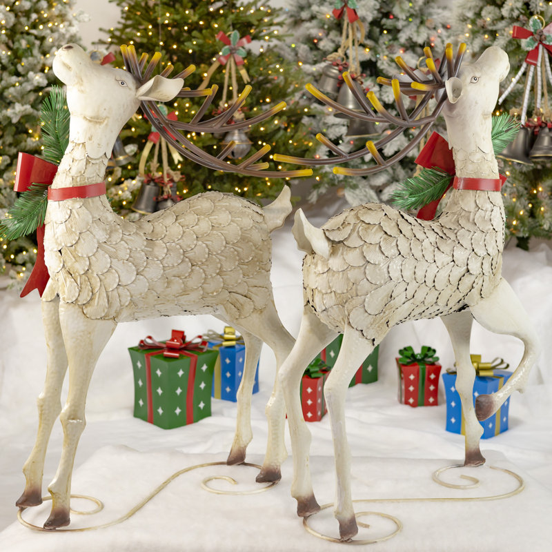 Set Of 2 48" Tall Large Iron Reindeer With Pinecone Bow