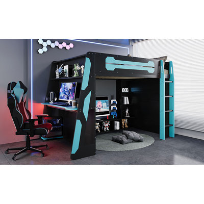Lit mezzanine double en bois avec bureau, tablettes multiples et lumière RVB