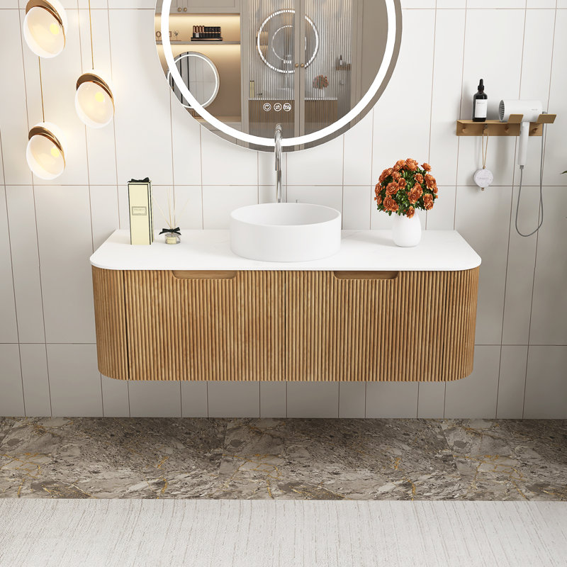 Meuble-lavabo mural 48 po pré-assemblé en grain de bois noyer foncé avec lavabo rond en céramique blanche, Jaune