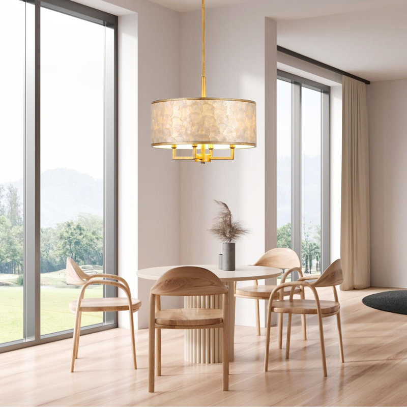 4-Light Natural Capiz Shell Drum Chandelier, Gold