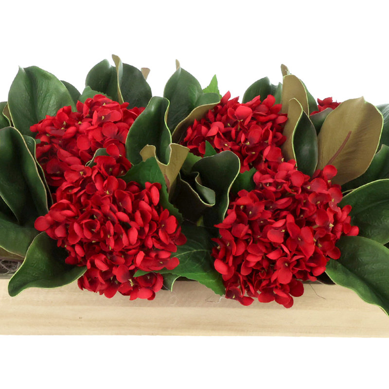 Hydrangeas and Magnolia Leaves in Wooden Planter