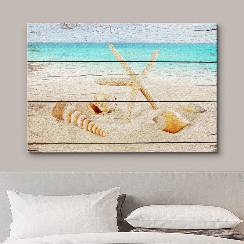 «Coastal Beach Starfish and Seashells on the Beach», impression sur toile tendue, H 16 po x l 24 po, Wrapped Canvas