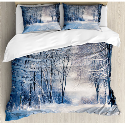 Ambesonne Winter Duvet Cover Set, Alley in Snowy Forest, Calking, Blue Black White -  nev_44963_calking