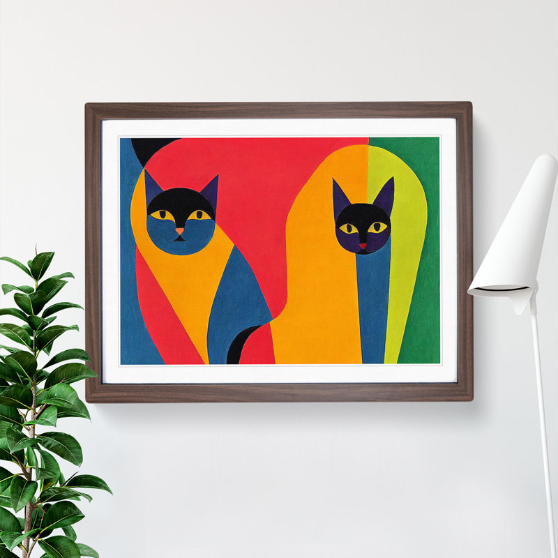 Two Abstract Cats Vol.7 - Framed Print, 34cm H x 46cm W x 2cm D, Walnut