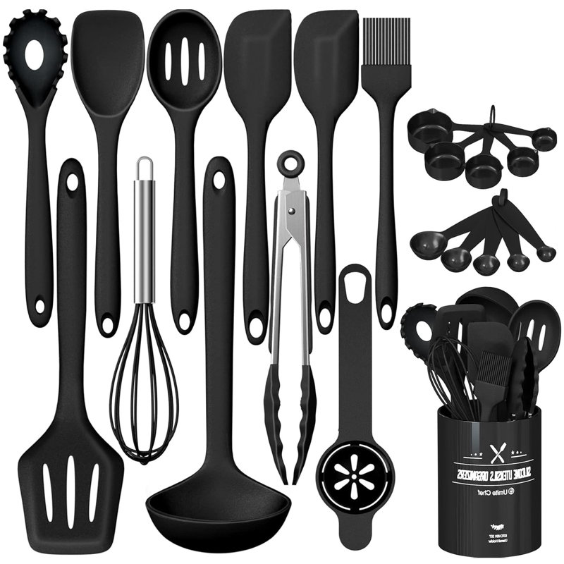 Ensemble 22 pièces d'ustensiles de cuisine en silicone, noir, noir
