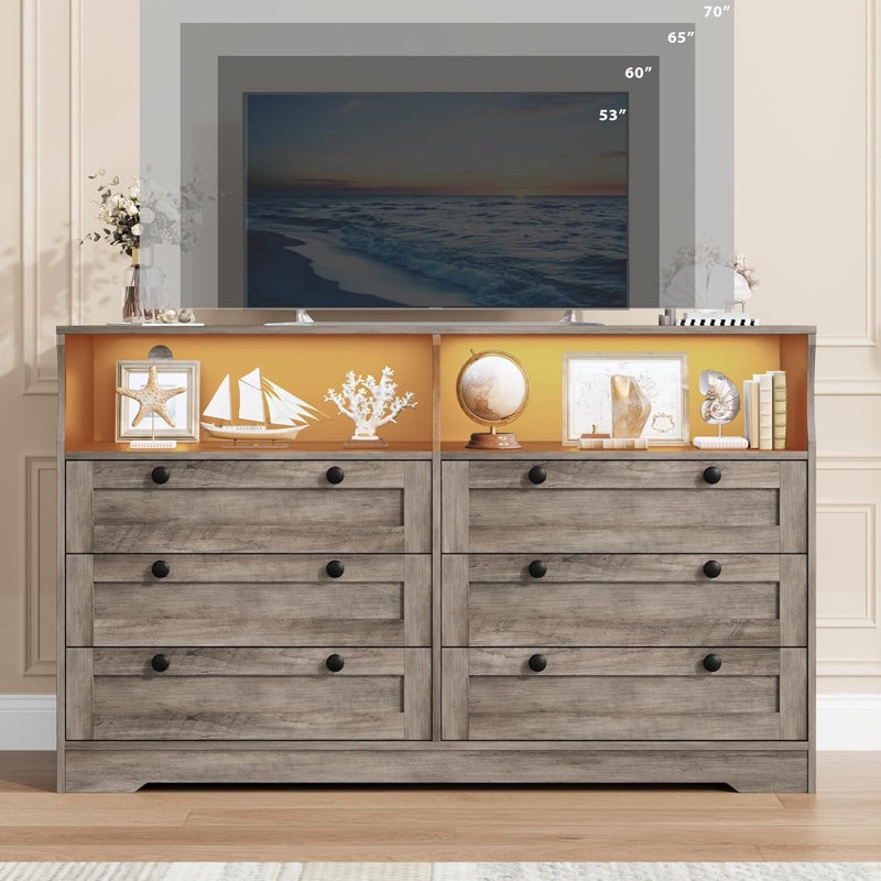 Modern 6-Drawer Dresser with LED Lights and Built-in Power Outlet, 55" Wide Wooden Storage Chest for Bedroom or TV Stand